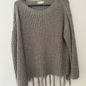 Altar'd State Gray Open-Knit Fringe Crewneck Sweater